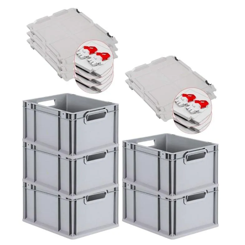 PROREGAL 5x Eurobox NextGen Grip mit Scharnierdeckel & roten Verschlüssen | HxBxT 22x30x40cm | 20 Liter | Griffe offen | Glatter Boden