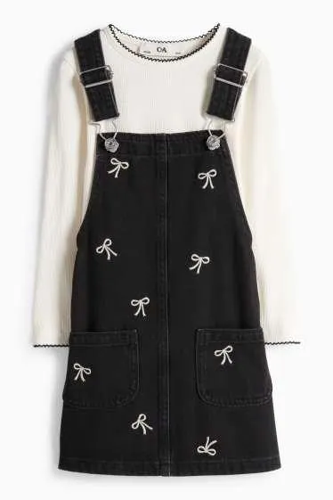 Bow - set - long sleeve top and denim pinafore dress - 2 piece