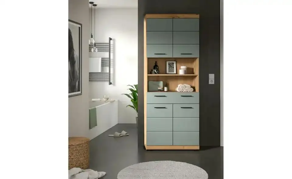 Hochschrank SCHLOONSEE, Breite 74cm, 4 Türen, 1 Schubkasten, 2 offene Fächer, MDF-Front, in verschiedenen Farben erhältlich, Badmöbel, Badschrank, Schrank, Bad