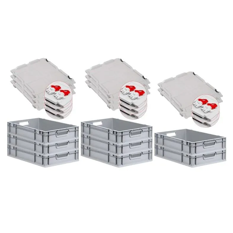 PROREGAL 8x Eurobox NextGen Grip mit Scharnierdeckel & roten Verschlüssen | HxBxT 12x40x60cm | 23 Liter | Griffe offen | Glatter Boden