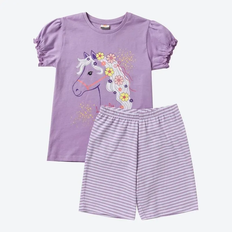 Kinder-Mädchen-Shorty mit Pferde-Aufdruck, 2-teilig