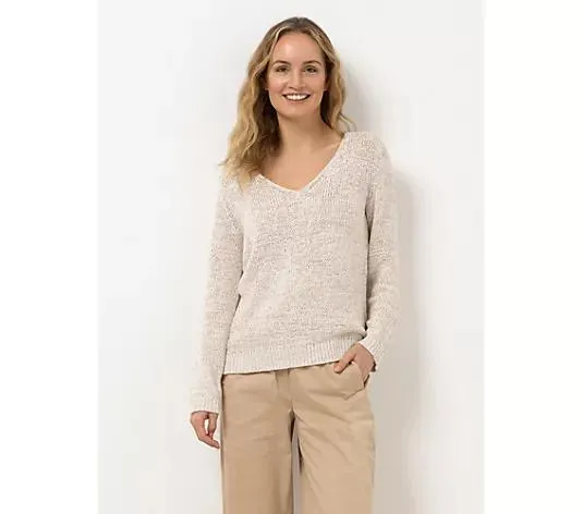 STRANDFEIN Pullover Bändchengarn runder V-Ausschnitt figurumspielend