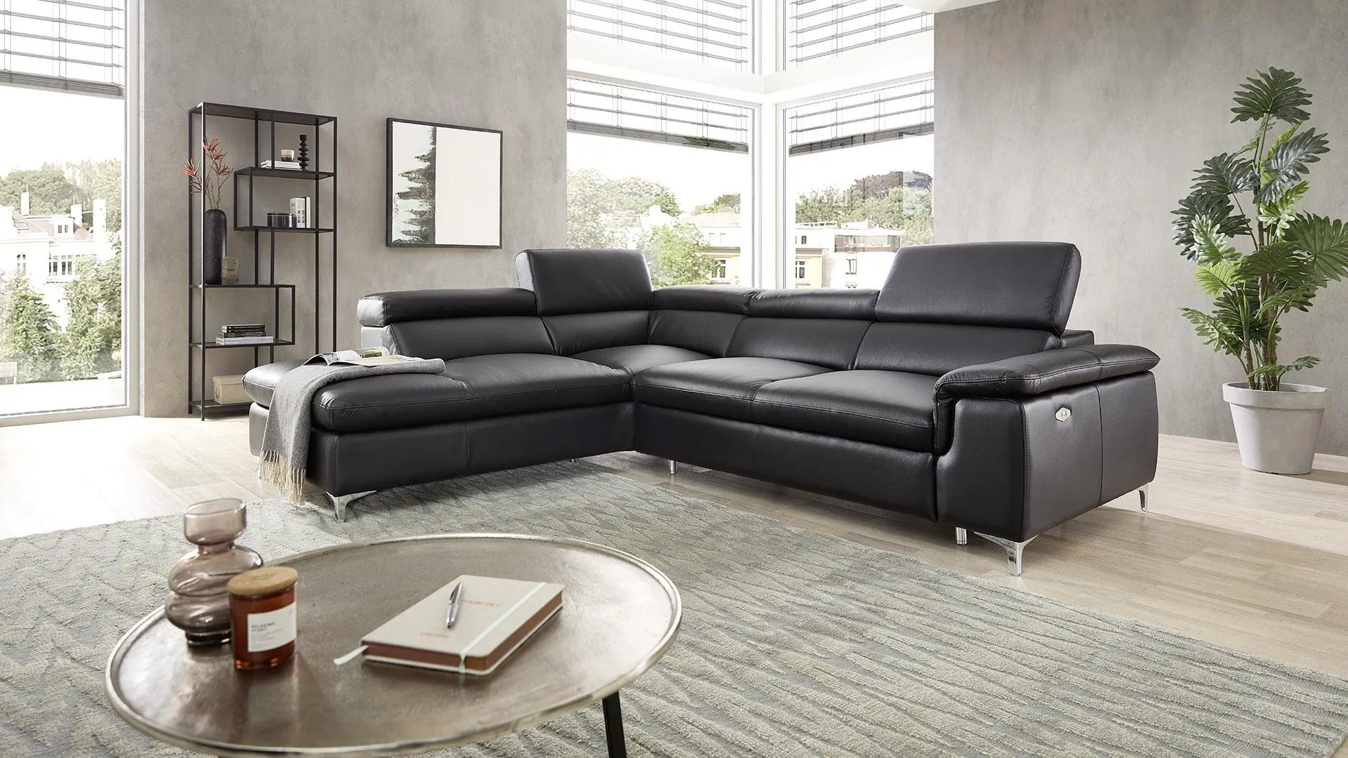 Echt Leder Ecksofa Bastia mit motorischen Vorziehsitz
