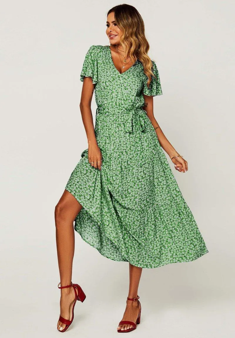 FLORAL HEM TIERED MIDI - Vestido informal - green