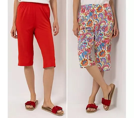 IN-PRINT Doppelpack Capri-Hose Uni und bedruckt Rundumdehnbund gerade Form