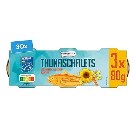 Dreimaster Thunfischfilet in Sonnenblumen-Öl 3 x 80 g, 30er Pack