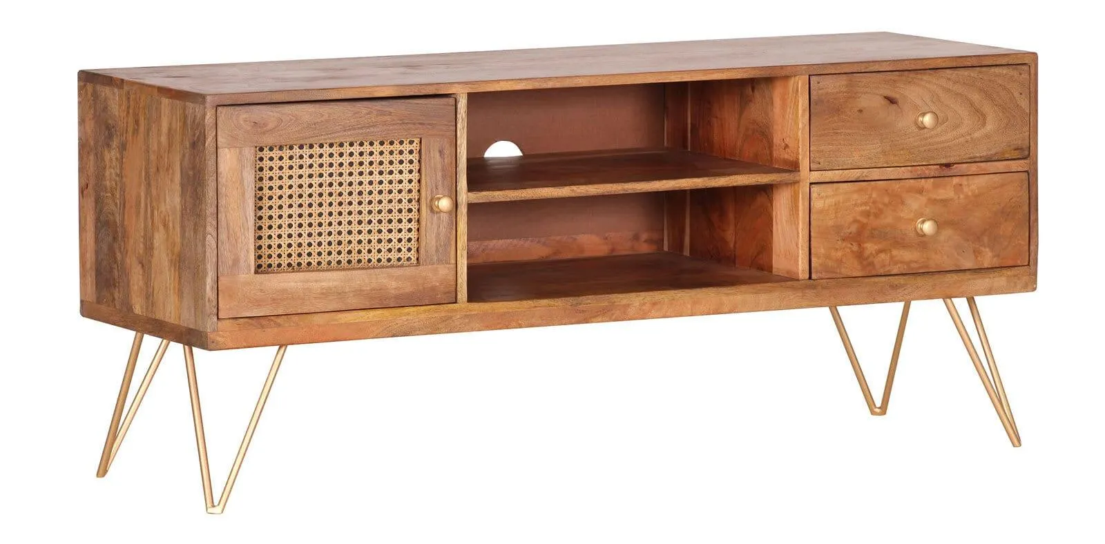 Lowboard GLORIA 130 x 57 cm Mango Massiv natur braun/Rattangeflecht