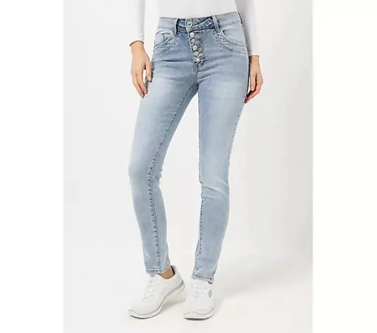 DINE 'N' DANCE Jeanshose 5-Pocket-Style schräge Knopfleiste schmales Bein