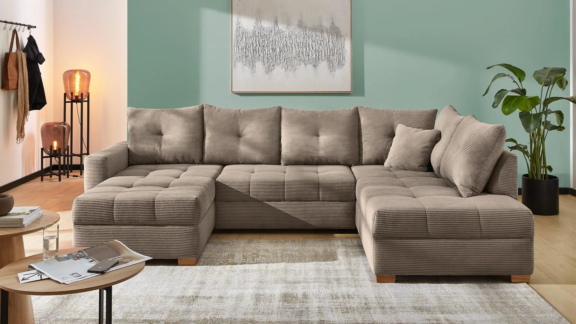 Wohnlandschaft Abby mit Schlaffunktion und Bettkasten in trendigen Cord