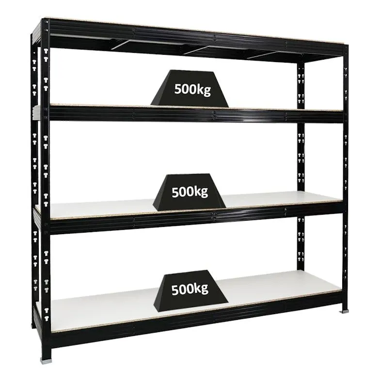 PROREGAL Profi Schwerlastregal RHINO | HxBxT 180x200x60cm | 4 Melamin-Ebenen 16mm | Fachlast 500kg | Schwarz | Stecksystem Lagerregal Regalsystem