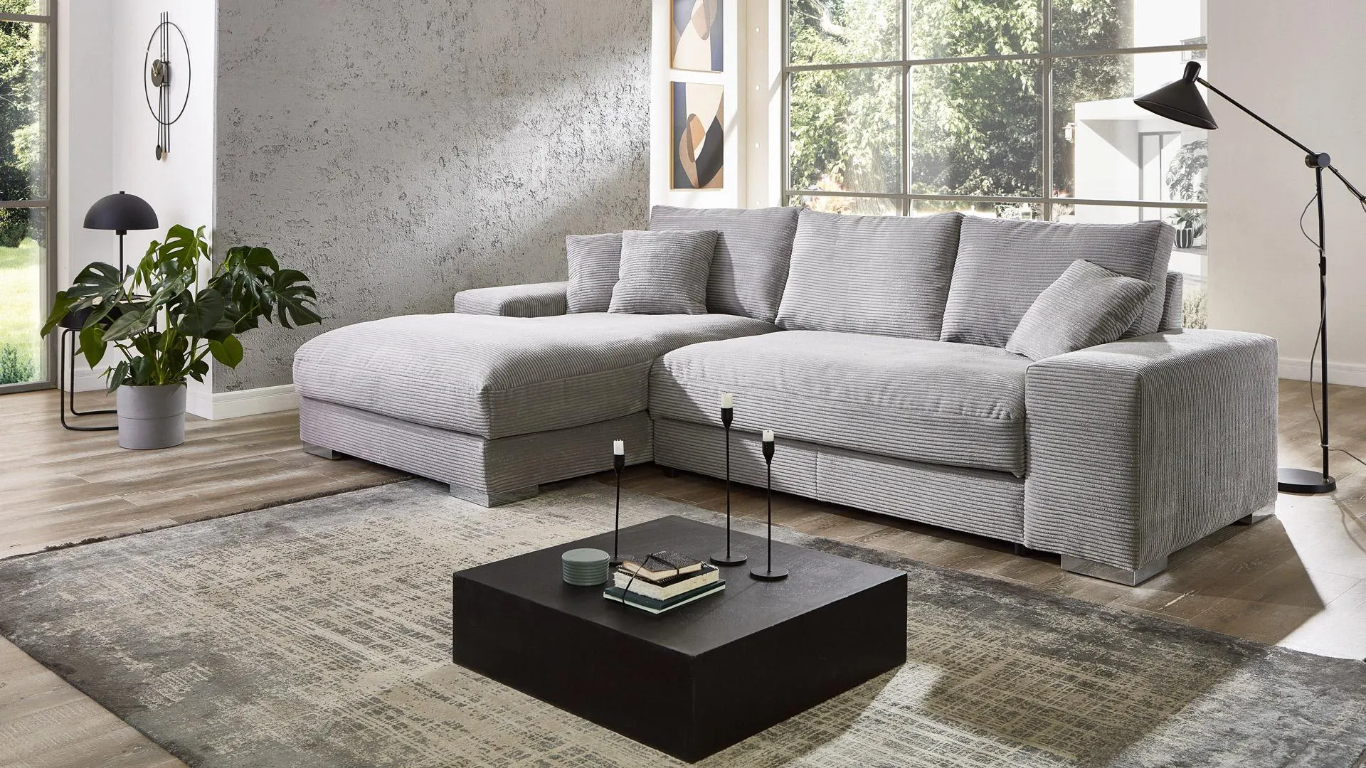 Ecksofa Soft in Stoff Cord mit Rückenkissen