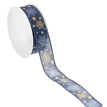 Stoffband "Schneeflocken", blau-gold, 25 mm, 5 m