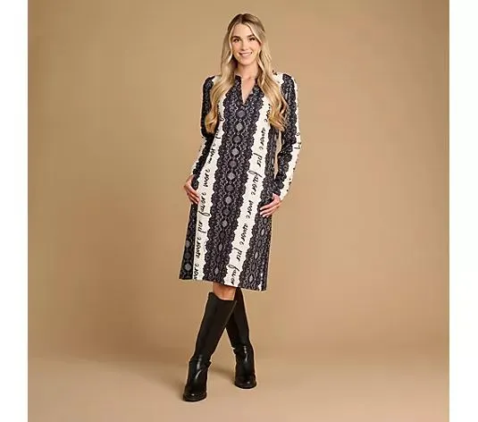 SCHIFFHAUER MUNICH® Kleid langarm V-Ausschnitt Allover-Druck figurumspielend