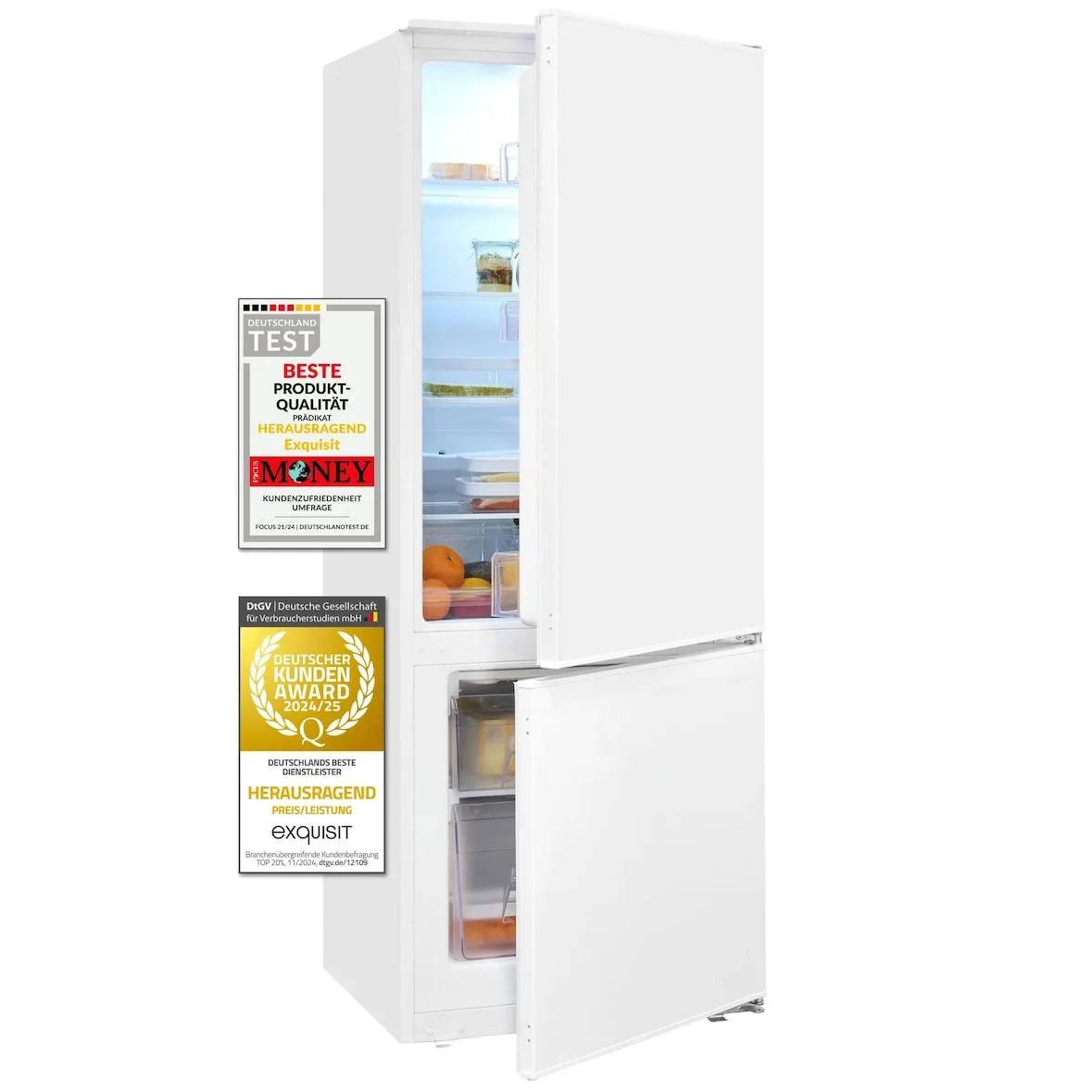 Exquisit Einbau Kühl-Gefrierkombination EKGC225-40-E-080E weiss | Nutzinhalt: 212 L | 4-Sterne-Gefrieren | Schlepptürmontage | Einbaugerät