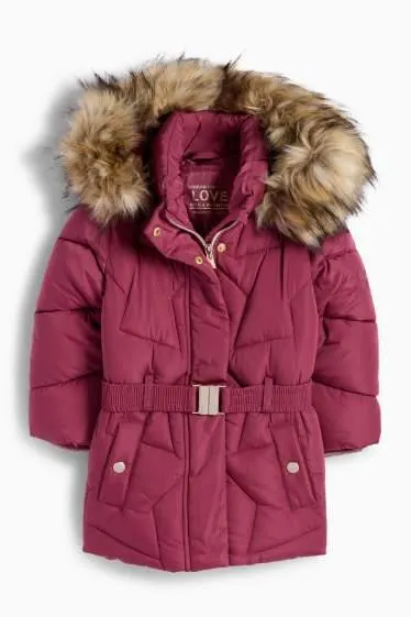Quilted jacket with hood and faux fur trim