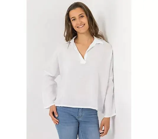 DINE 'N' DANCE Bluse, 3/4-Arm 100% Leinen Hemdblusenkragen leger weit - Oversize