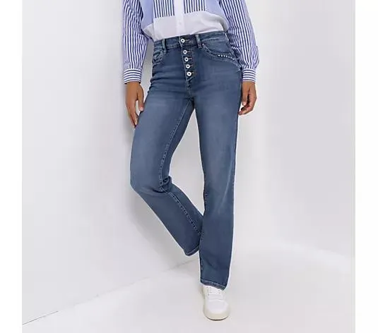 DINE 'N' DANCE Jeanshose Lambada 5-Pocket Style Knopfleiste gerades Bein