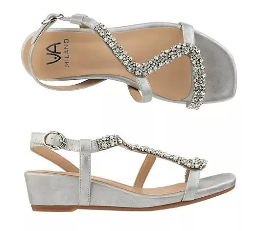 VIA MILANO Damen-Sandalette Strass-Applikationen Keilabsatz verstl. Riemen