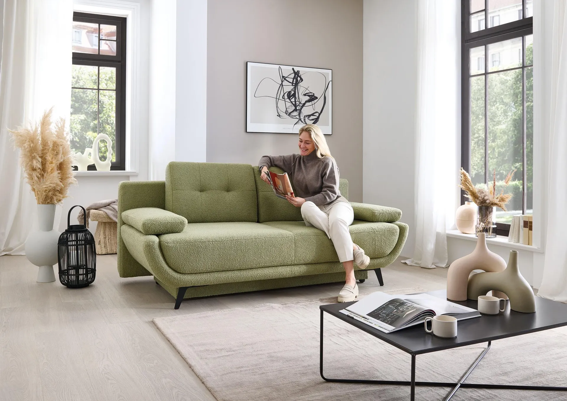 Schlafsofa Xally mit Schlaffunktion und Bettkasten Stoff