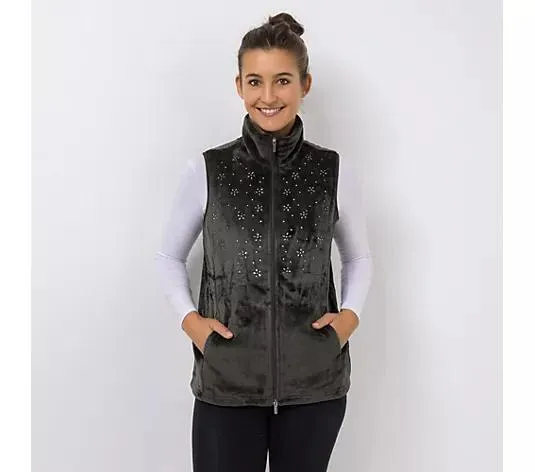 MONT CHALET Damen-Weste uni Strasssteine Mikrofaser Chinchilla Stehkragen