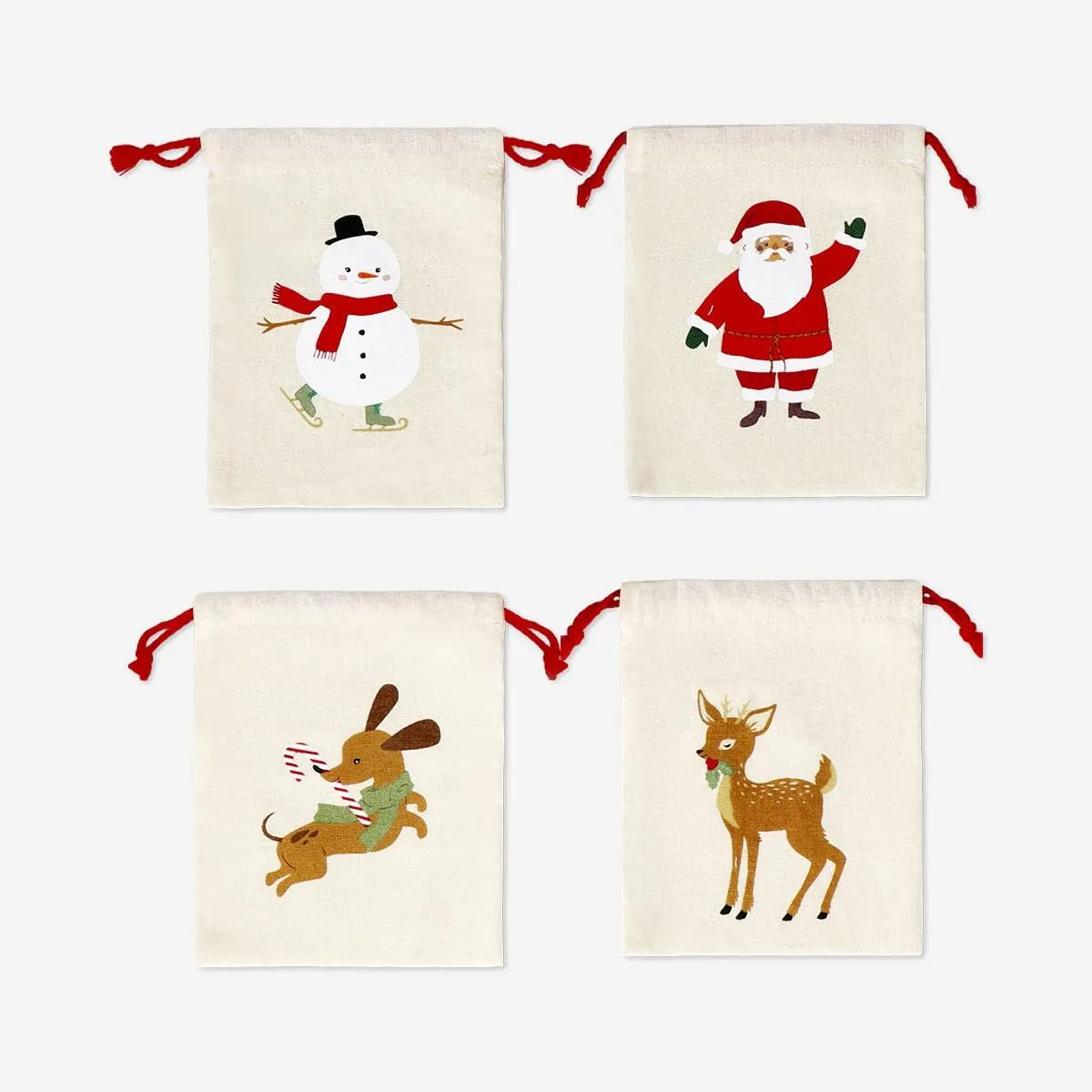 Draw string gift bags with Christmas characters - 4 pcs