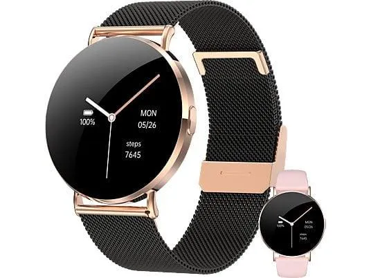 LEVOWATCH EVE Damen AMOLED Always-On, 7mm flach Smartwatch Metall-Rand Silikon + Edelstahlarmband + Nylon, 210 mm, Rosa