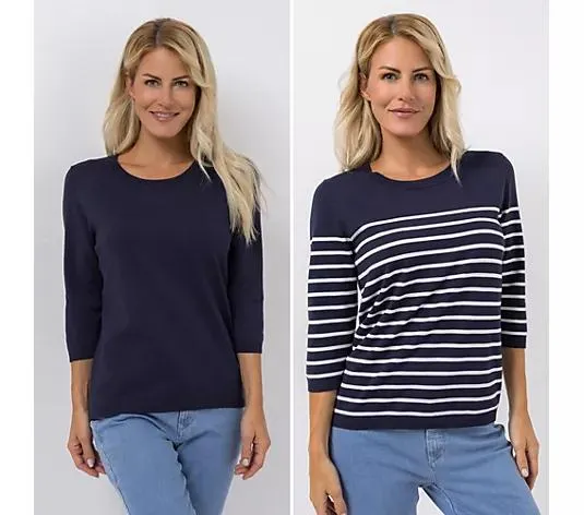 DENIM & CO. Doppelpack Pullover 3/4-Arm Rundhalsausschnitt gestreift & uni
