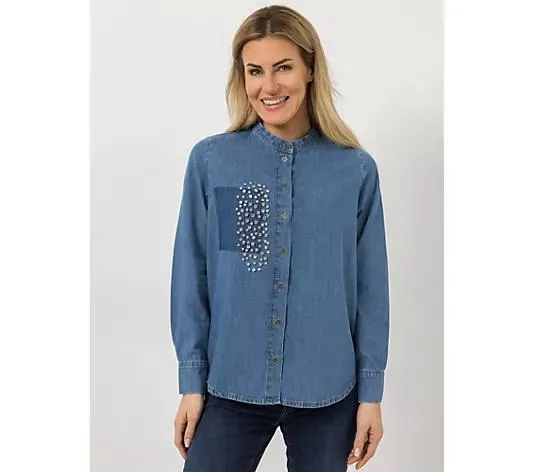 DINE 'N' DANCE Jeansbluse Knopfleiste Strassdekoration leger weit