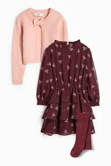 Bow - set - dress, cardigan and tights