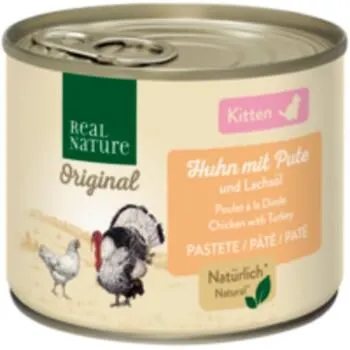 REAL NATURE Original Nassfutter Katze, Kitten, Huhn mit Pute und Lachsöl 6x200 g