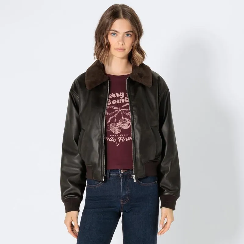 Damen-Kunstleder-Jacke mit Kunstpelz-Kragen