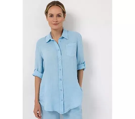 STRANDFEIN Bluse Hemdblusenkragen 100% Leinen leger weit