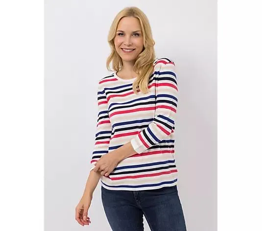 DENIM & CO. Pullover, 3/4-Arm Rundhalsausschnitt Feinstrick gestreift