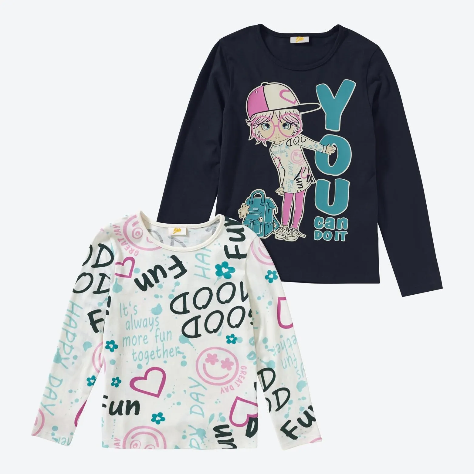 Kinder-Mädchen-Langarmshirt mit hohem Baumwollanteil, 2er-Pack