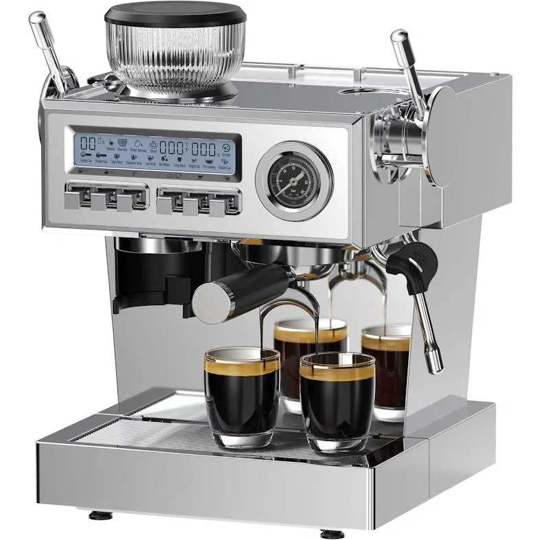 Espressomaschine mit Mahlwerk, 2050W Siebträgermaschine mit 20-Bar italien Pumpe, Milchschäumer und Barista Kit, 25 Mahlgrade, 1,6L, Edelstahl