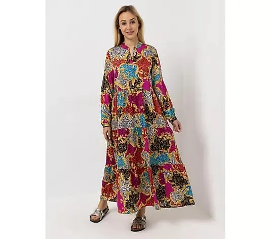 ANNI FOR FRIENDS Maxi-Kleid Stehkragen Allover-Druck figurumspielend