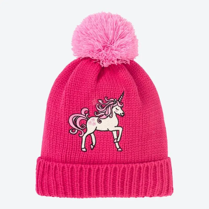 Kinder-Strickmütze mit Bommel und Einhornmotiv