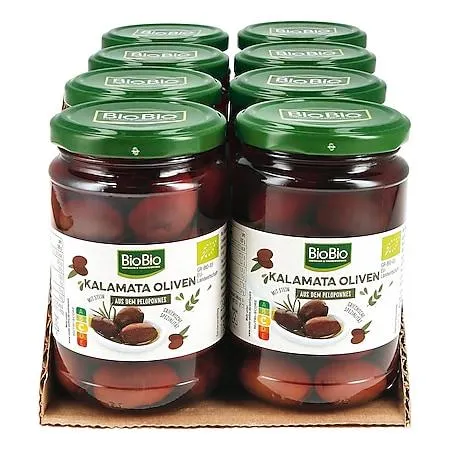 BioBio Kalamata Oliven mit Stein 160 g Abtropfgewicht, 8er Pack