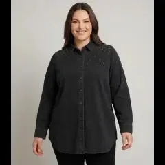 Jeansbluse mit Strass Janina Plus, Knopfleiste