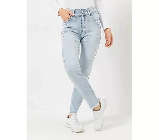 DINE 'N' DANCE Jeanshose 5-Pocket-Style Perlendekoration schmales Bein