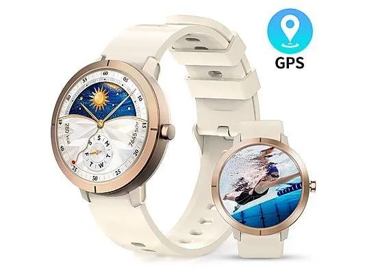 RAYOFI DM76 Smartwatch Zinklegierung, Aluminiumlegierung Silikon, 18 mm, Gold GPS Smartwatch Damen, Eingebautes GPS, 5 ATM wasserdichte Fitness Tracker zum Schwimmen