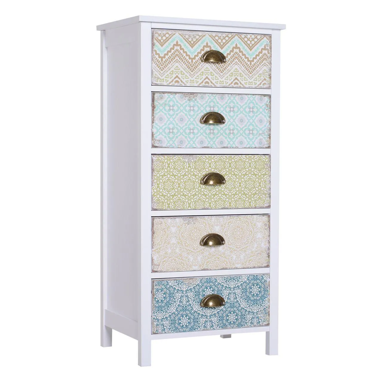 Kommode Schubladenkommode Schrank mit 5 Schubladen Shabby Chic Holz Bunt B46 x T34 x H97,5cm