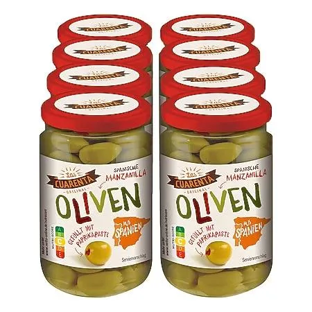 Las Cuarenta Oliven mit Paprikapaste 340 g Abtropfgewicht 200 g, 8er Pack
