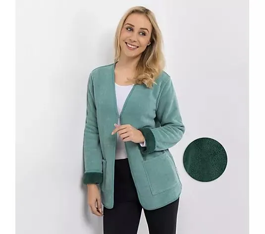 MONT CHALET wendbarer Cardigan zweifarbig Mikrofaser Edelplüsch aufgesetzte Taschen