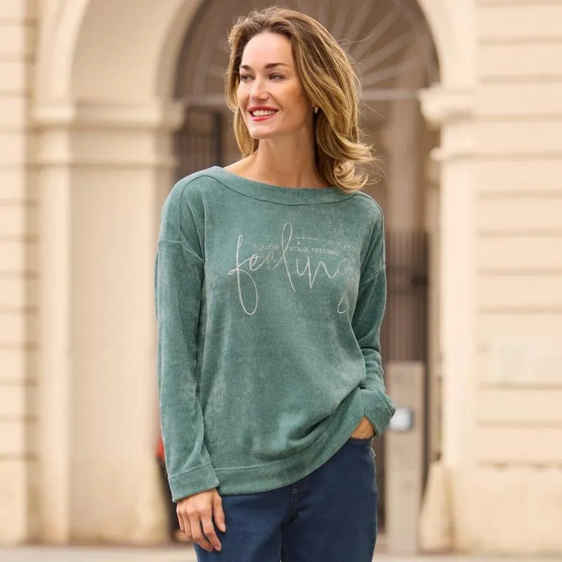 Damen-Chenille-Pullover mit U-Boot Ausschnitt