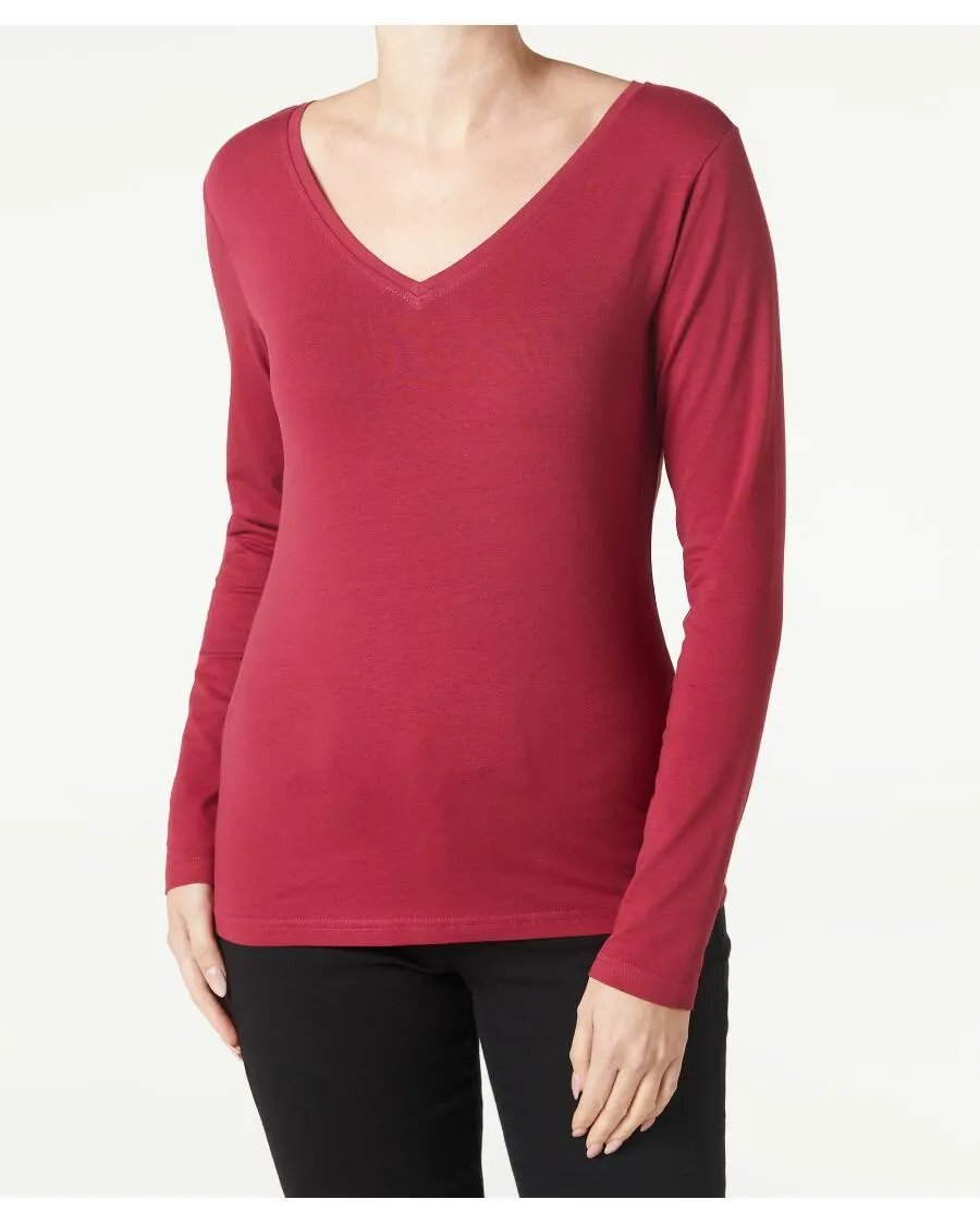 Weinrotes Langarmshirt Janina, V-Ausschnitt