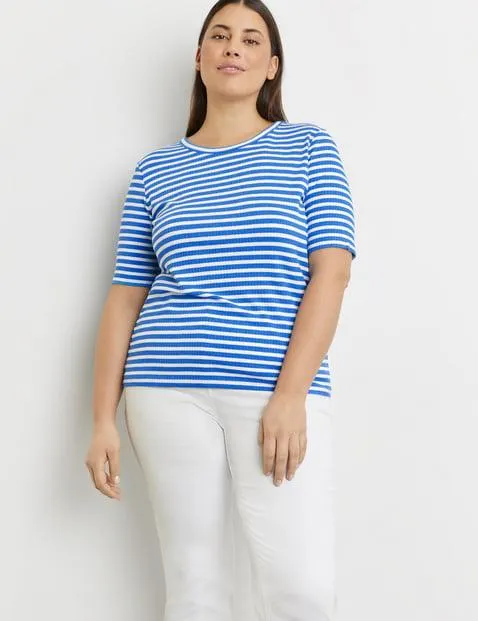 Gestreept shirt met halflange mouwen en ribstructuur