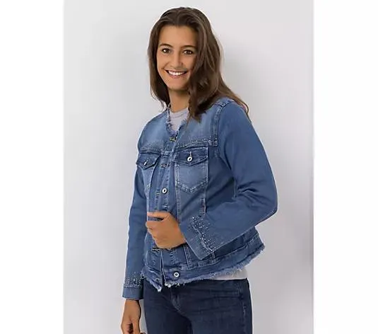 DINE 'N' DANCE Jeansjacke Rundhalsausschnitt 2 Eingrifftaschen figurumspielend