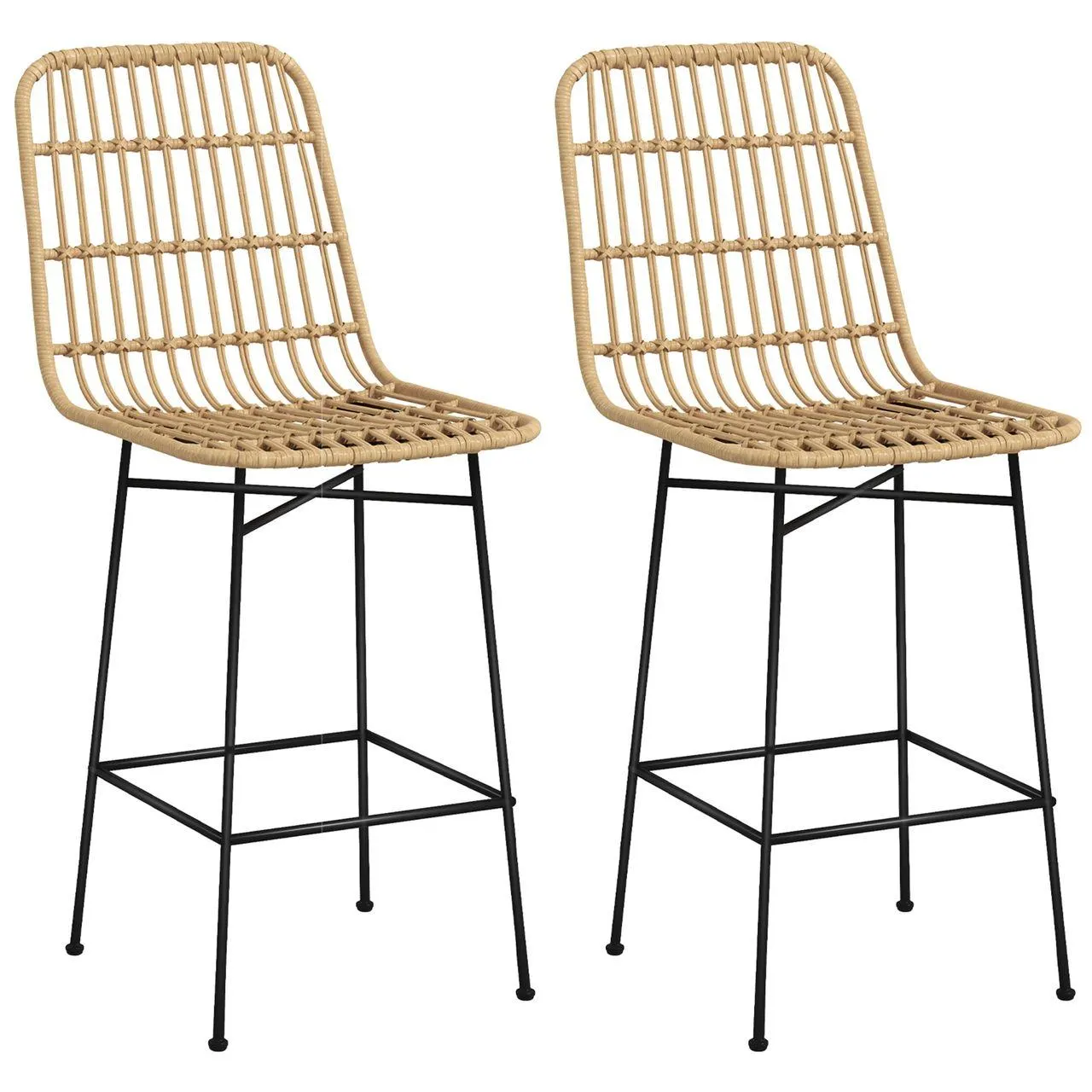 Barhocker 2er-Set, Barstuhl mit Rückenlehne aus PE-Rattan, Gelb