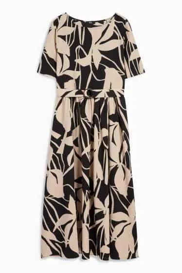 Fit & flare dress with belt - floral - textured